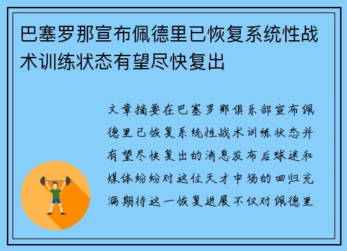 巴塞罗那宣布佩德里已恢复系统性战术训练状态有望尽快复出 巴塞罗那宣布佩德里已恢复系统性战术训练状态有望尽快复出