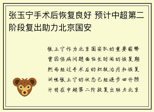 张玉宁手术后恢复良好 预计中超第二阶段复出助力北京国安