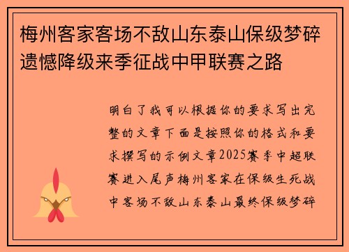 梅州客家客场不敌山东泰山保级梦碎遗憾降级来季征战中甲联赛之路