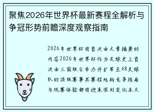 聚焦2026年世界杯最新赛程全解析与争冠形势前瞻深度观察指南 聚焦2026年世界杯最新赛程全解析与争冠形势前瞻深度观察指南