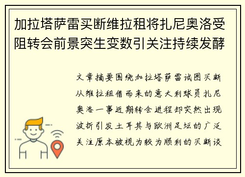 加拉塔萨雷买断维拉租将扎尼奥洛受阻转会前景突生变数引关注持续发酵